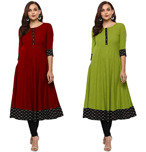 Image of NATEK Plain Cotton New Branded Anarkali Tops Kurtis for Ladies Women - Combo Sets of 2 Maroon, Mehandi Colour Large Size