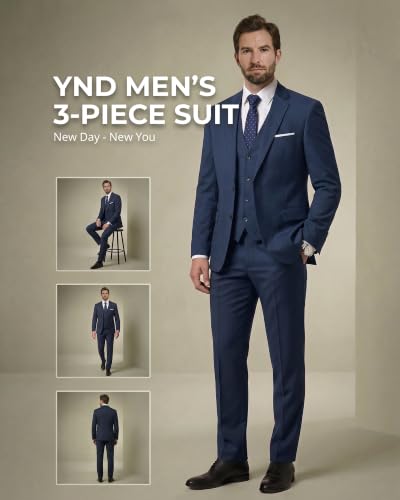 Image of YND Men's 3 Piece Suit with Tie, Solid Color Slim Fit Jacket Vest and Pants