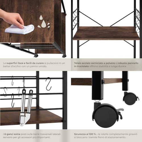 Tectake® Carrello Cucina 65,5X45,5X88,5Cm, Carrello Con Ruote 3 Ripiani, Scaffale Salvaspazio Microonde, Organizer Cucina Portaoggetti Con Ganci, Per Casa E Dispensa, Stile Industriale - Legno Scuro - 6