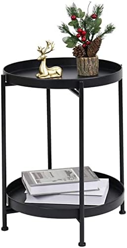 LITA 2-Tier End Table Metal Round Tray Side Table Small Folding Accent Coffee Table Side Snack Table Anti-Rust and Waterproof Nightstand for Living Room Bedroom Balcony and Office, Black