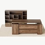 Perledesign Home Office Furniture Set, 70'' Standing Desk with 44'' Bookshelf, Electric Height Adjustable Desk with File Cabinet, AC/USB and Bookcase with 3 Drawers, Fluted Black Walnut
