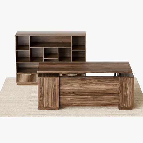 Perledesign Home Office Furniture Set, 70'' Standing Desk with 44'' Bookshelf, Electric Height Adjustable Desk with File Cabinet, AC/USB and Bookcase with 3 Drawers, Fluted Black Walnut