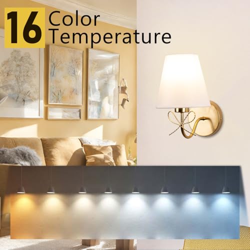 Image of Antique Brass Bow Wall Sconces, Gold Wall Light Set of 2 with Plug-in Cord or Hardwired 110V, Remote Control Dimmable LED Bulbs for Bedroom Living Room Home Mulit Color Temperature