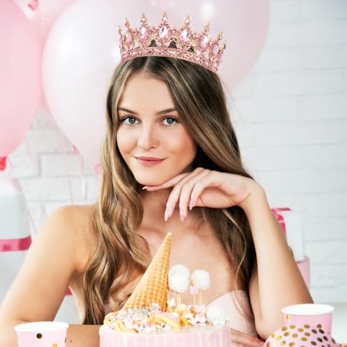 CAVETEE Crystal Crowns for Women Full Round Queen Tiara for Women Bridal Wedding Prom Princess Birthday Decorations Birthday Crown Cake Topper (Pink) by CAVETEE - Image 3