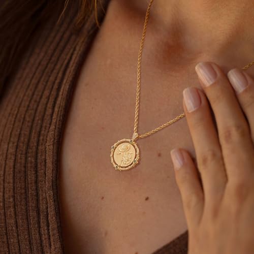 MTMY Birth Flower Necklaces for Women 14K Gold Plated Birth Month Flower with Birthstone Reversible Coin Pendant Necklaces Personalized Custom Floral Jewelry (August)