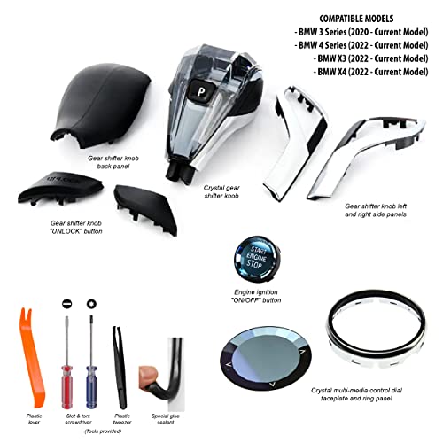 3Amgo Bmw Crystal Shift Knob - [3] Edition 3Pcs Premium Quality Lhd Idrive Gear Shifter Knob Set Multimedia Knob Dial Engine Ignition Button (Compatible With Selected Bmw 3, 4, X3 And X4 Models) #TOP2