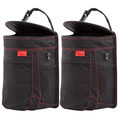Lusso Gear Spill-Proof Car Trash Can (2 Pack) - Easy to Clean Hanging Garbage Bin - Leak-Proof, Removable Liner, Waterproof - Keeps Truck, SUV, Car, Minivan Clean &amp; Odor Free (Black, Red Stitching)