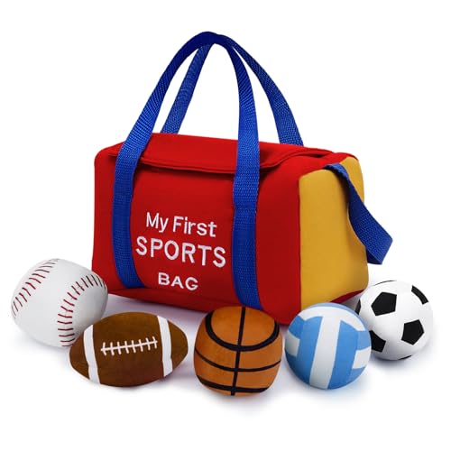 GERBIT My First Sports Bag Plush, Baby Sports Toys Plushie with 5 Pcs Ball Plushy for Toddlers, First Birthday Gifts for Boys Girls