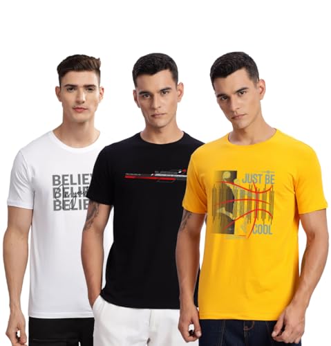 Image of ADRO 100% Cotton Lycra Tshirts for Men Combo Pack of 3 | Regular Fit | Printed T Shirt | Round Neck Half Sleeve| Mens Tshirts