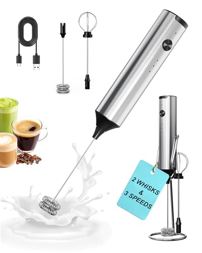 Image of 3-Speed Rechargeable Milk Frother Handheld with Stand, Dual Coil Whisk Coffee Frother Handheld - Electric Frother Wand for Coffee Matcha Cappuccino, Kitchen Gift Set, Silver