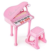 COSTWAY 31-Key Kids Toy Piano, Children Electronic Keyboard with Stool, Microphone, LED Teaching Mode, Recording and Play Function, Toddlers Musical Instrument for Boys Girls (Pink)