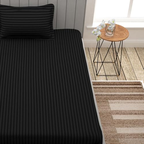 Image of Cotton Satin Stripes Plain Single Bedsheet with One Pillow Cover (60 X 90) Inch (Pack of 1, Black)