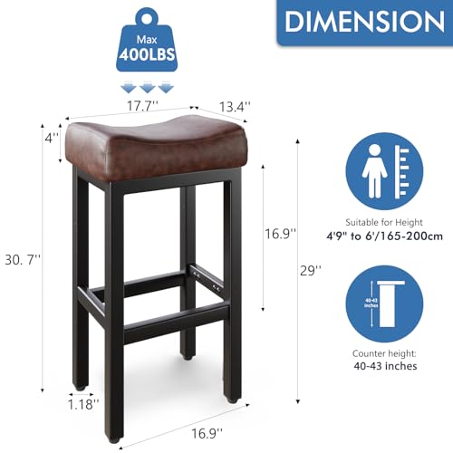 Image of 29 Inch Bar Height Bar Stools Set of 2, 29 inch Barstools for Kitchen Island Counter, Backless Bonded Leather Bar Height Stools with Thick Saddle Seats & Heavy Duty Metal Base, Easy Assembly, Brown /Black