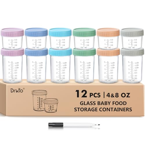 Image of DRKIO 12 Pack Glass Baby Food Storage Containers - 4 & 8 oz Baby Food Jars with Lids Baby Food Maker Microwave Dishwasher Freezer Safe 100% Leak Proof BPA Free Reusable