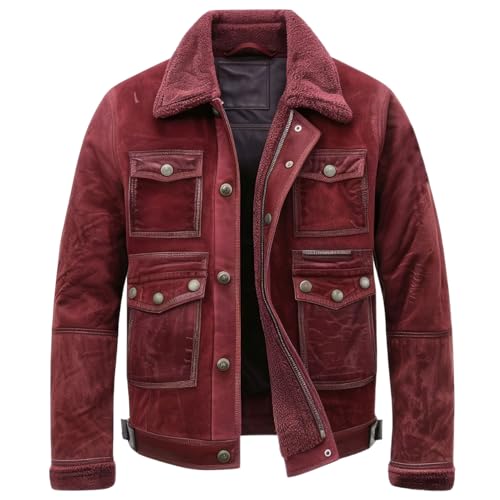 Mens Genuine Suede Sherpa Shearling Faux Fur Collar Smooth Field Leather Jacket | MAROON