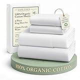 LANE LINEN 100% Organic Cotton King Size Sheets Set, Soft & Comfy All Season Breathable Sheets King Size, Percale Weave Fully Elasticized Eco Friendly Naturally Cooling King White Bed Sheets