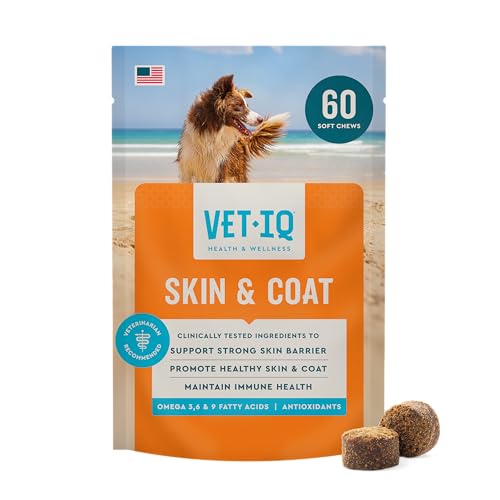 VetIQ Skin and Coat Supplement for Dogs, Helps Maintain Healthy Skin and Shiny Coat, Hickory Smoke Flavor Dog Chew, Made in the USA, 60 Count