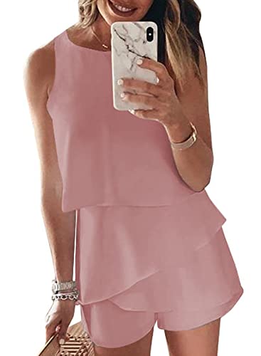 Maavoki Combinaison pour femme Romper sans manches avec volants pour femme Hauts avec short court, Rose, M Maavoki Combinaison pour femme Romper sans manches avec volants pour femme Hauts avec short court, Rose, M