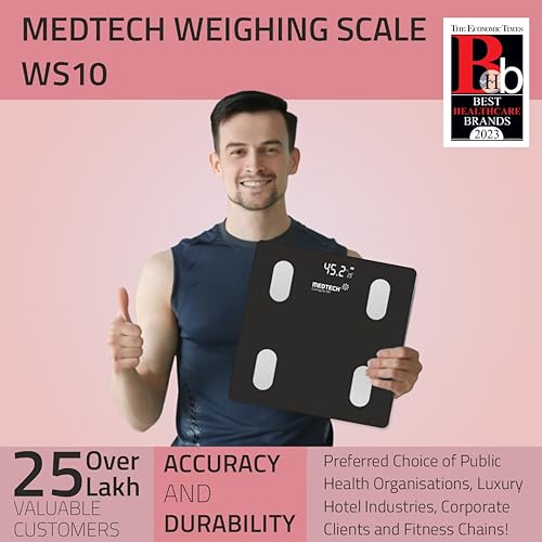 Image of Medtech WS 10 Weight Machine | Digital BMI Weighing Scale | Black | 18 Body Composition | LED Display | Lightweight & Portable Body Fat Analyser with Bluetooth App | 1 Year Warranty