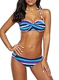Aleumdr Damen Geraffte Tie Dye Bandeau Bikini Badeanzüge mit Slip S-XXL, Hellblau, XX-Large(EU48-50)