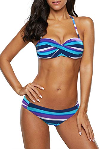 Sidefeel Women Stripes Halter Push Up Twist Bandeau Bikini Set Two Piece Swimsuits
