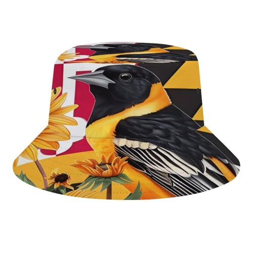 Maryland State Flag Baltimore Oriole Bird Susan Flower Bucket Fisherman Hat Sun Hats for Women Outdoor Summer Travel Beach Caps
