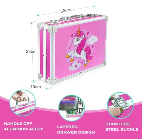 Image of Parssufy 145-Piece Art Set for Kids with Unicorn Storage Case | Drawing & Painting Kit with Oil Pastels, Watercolors, Sketch Pens, Color Pencils | Art & Craft Supplies (145-unicorn (Pink))