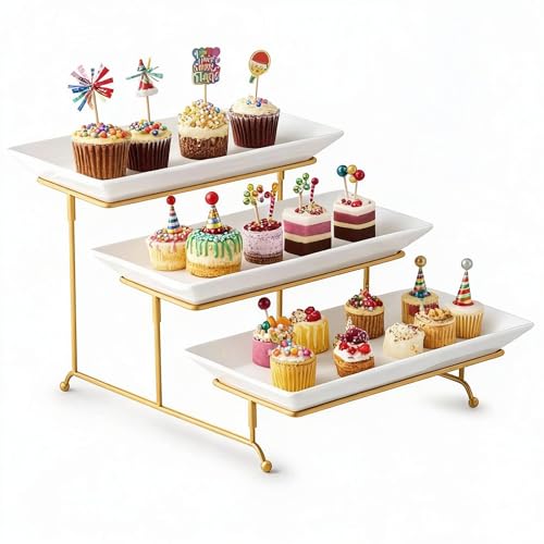 Gomakren 3 Tier Serving Stand with Porcelain Serving Platter Tray - Collapsible Gold Stand with 3 Piece Large14 Inch White Plates for Food Presentation Dessert Server Display and Entertaining