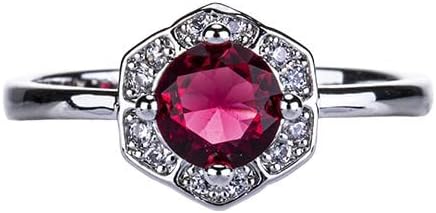 QUSIIOSLK Round Cut Ruby CZ Diamond Lotus Flower Ring 925 Sterling Silver Red Gemstone Ring with AAA Cubic Zirconia Yoga High Polish Wedding Band Ring Jewelry for Women 9