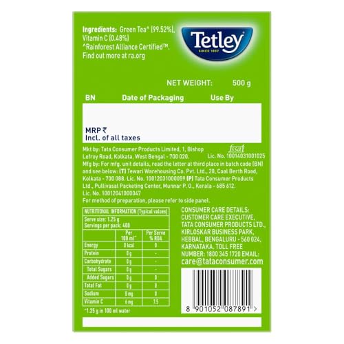Image of Tetley Green Tea Packet, 500g (Pack of 2)