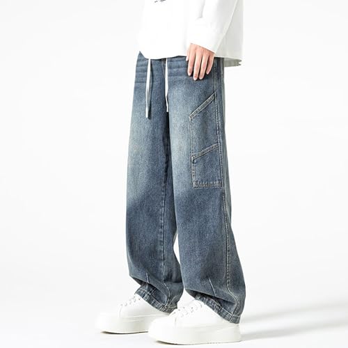 DGHM-JLMY Men's Straight Leg Baggy Jeans Loose Fit Elastic Waist Distressed Denim Pants Fashion Drawstring Trousers2
