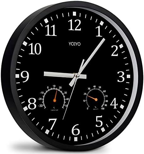 YIOYULEN Wall Clocks, Wall Clock Battery Operated with Temperature Humidity, 12 Inch Non Ticking Clock for Wall Home Bathroom Kitchen Office (Black)