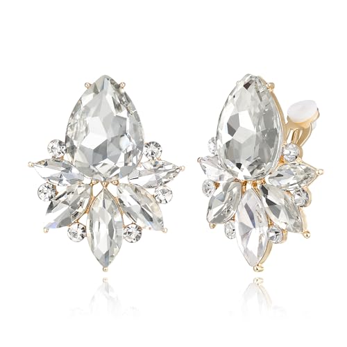 EVER FAITH Vintage Rhinestone Clip On Stud Earrings for Women, Fancy Crystal Cluster Teardrop Art Deco Non Pierced Earring for Wedding Bridal Brides Clear Gold-Tone