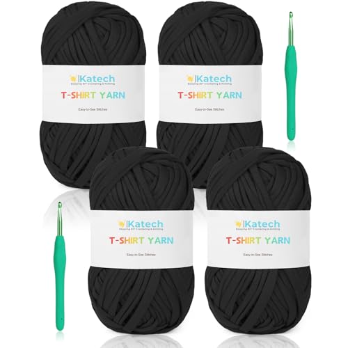 Image of Katech 400g T Shirt Yarn for Crocheting, Elastic Fabric Yarn for Bag-Black