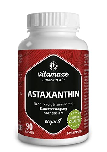 Astaxantina + Vitamina B1 Vegana de Alta Dosis, 90 Cápsulas para 3 Meses de 4 mg de Astaxantina...