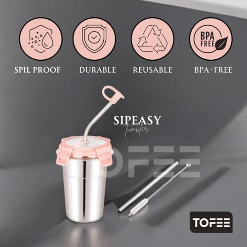Image of TOFEE Stainless Steel Tumbler with Lid, Straw & Cleaning Brush (Each 400ml) Leakproof Travel Cup, Reusable & Durable, Sippy Cups for Home, Office & Outdoors (2, Pink)