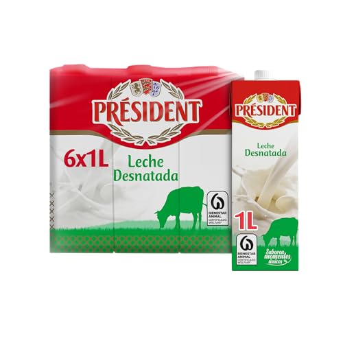 Président - Leche Président Desnatada, Leche Natural de Galicia, Fuente de Calcio y Proteínas, Sin Gluten, Bienestar Animal, Pack 6 x 1 L