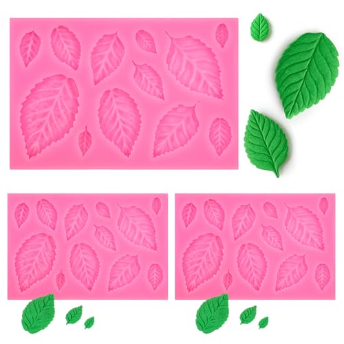 3Pcs Leaf Molds Silicone, Pink 3D Leaves Mold for Fondant Chocolate Butter Polymer Clay Candy Soap Sugar Paste Cake Decoration and Crafting Projects