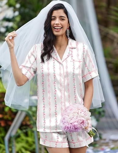 Image of Ekouaer Womens Satin Silk Pajamas Set Short Sleeve Sleepwear Button Down Top and Shorts Loungewear 2 Piece Pjs Set S-XXL