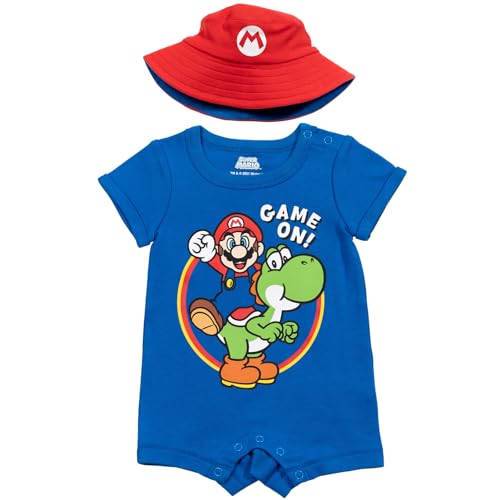Image of Super Mario Nintendo Mario Yoshi Baby Romper and Bucket Sun Hat Newborn to Infant
