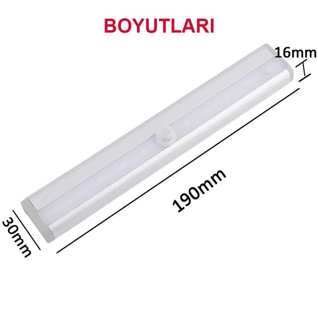TriLine LED Hareket Sensörlü Pilli Aydınlatma, 10 LED, Beyaz Plastik Gövde, 190x30x16mm, 100° Algılama, 3-5m Mesafe, 15sn Çalışma Süresi