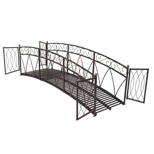 Kinsunny 8 Ft Metal Garden Bridge w/Gate and Safety Patterned Siderails, Outdoor Decorative Extra Long Iron Garden Arch Bridge Footbridge for Backyard, Lawn, Stream, Fish Pond, Easy Assembly