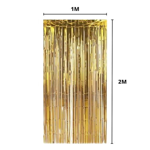 Kit 2 Cortinas Glitter Metalizadas e 10 Balões Coração Estrela Metalizado Festa Decoração- Dourado