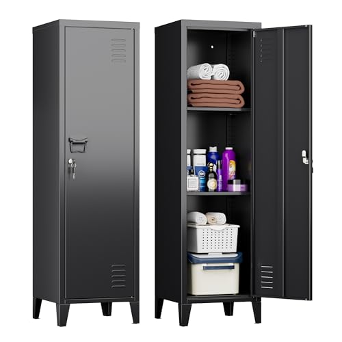 SUPEER Metallspind mit 2 höhenverstellbaren Ablagen,Abschließbarer Einzelschrank 135x38x38cm, Schließfachschrank aus Metall für Garderobe, Schule, Büro,Familie(schwarz)