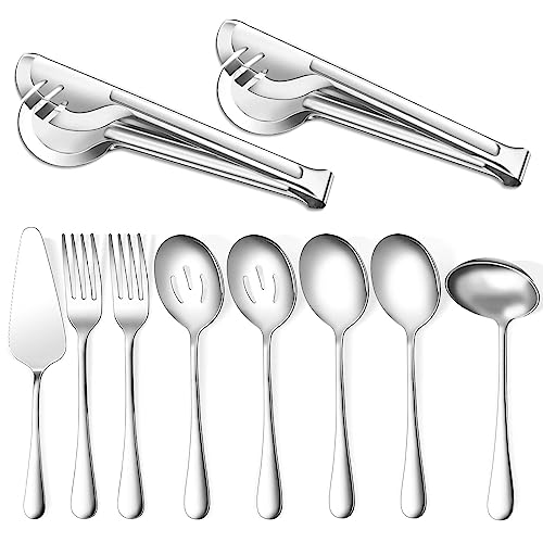 10PCS Serving Utensils Set for Parties Buffet, Silver Stainless Steel Metal Serveware Large Serving Spoons, Slotted Spoons, Forks, Tongs, Soup Ladle, Cake Server for Kitchen Catering Supplies