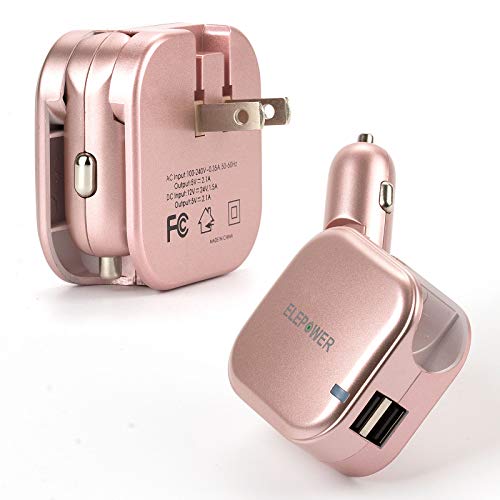 Wall Charger, Elepower [2 Pack] 2-in-1 Dual USB Port Car Charger Travel 2.1A Power Adapter with Foldable Plug Fast Charging for Apple iPhone/iPad, Samsung Galaxy, Kindle Tablet or Phone, Rose Gold