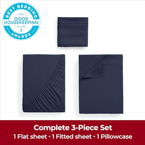 Image of Mellanni Extra Deep Twin XL Sheets - 3 PC Iconic Collection Bedding | Hotel Luxury, Ultra Soft, Cooling Bed Sheets - Wrinkle, Fade, Stain Resistant (Twin Extra Long, Navy Blue)