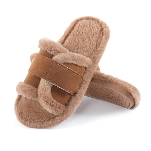 Image of Fur Story Women's Furry Slippers Open Toe Fuzzy Slippers Memory Foam Fluffy House Sandal