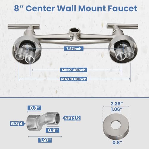 Airuida Wall Mount Kitchen Sink Faucet with Sprayer Brushed Nickel Wall Mounted Kitchen Faucet 8 Inch Center Double Handles 360 Degree Swivel Spout Restaurant Mixer Tap Commercial - Thumbnail 5