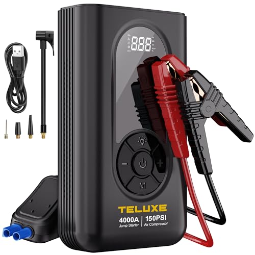 Portable Car Jump Starter with Air Compressor, 4000A 150PSI Car Battery Jump Starter (10.0 Gas/8.0L Diesel), 12V Jump Box Car Battery Jumper Starter Portable with Tire Inflator, LED Lights